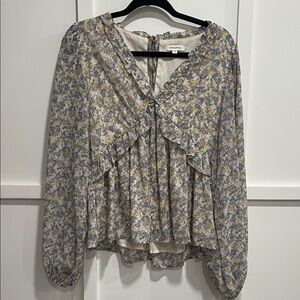 Mittoshop Floral Ruffle Blouse in Cream and Blue